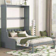 a bedroom with a bed and green pillows