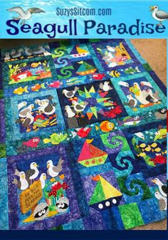 the cover of seagull paradise quilt pattern is shown in blue and green colors