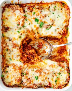 a casserole dish with meat, cheese and parmesan sauce in it