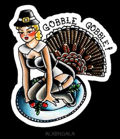 a drawing of a woman sitting on top of a turkey with the words gobble gobble