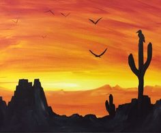 a painting with birds flying in the sky and an orange sunset behind it that reads, find this painting