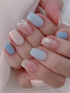 Blue And White Nails Sparkly, Nail Ideas With Sparkles, Light Blue Nails For Hoco, Light Blue Glitter Ombre Nails, Light Blue And Glitter Nails, Light Blue Engagement Nails, Light Blue Coquette Nails, Short Nail Nail Art, Light Blue Wedding Nails