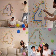 four pictures of people celebrating with balloons and confetti on the wall, one man holding a birthday cake