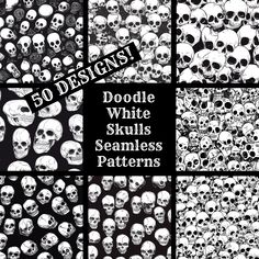 skulls in black and white with the text 50 designs doodle skull seamless patterns