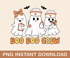 three cartoon ghost characters with bats and bats on their heads are standing in front of the text boo boo crew