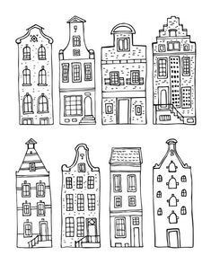 hand drawn houses with windows and balconies