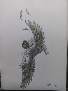 a pencil drawing of an angel with wings on it's back, flying through the air