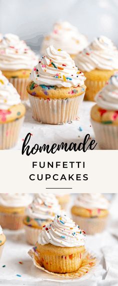 homemade funfetti cupcakes with white frosting and sprinkles