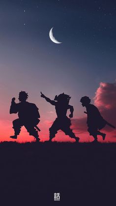 the silhouettes of three people are dancing in front of an orange and purple sky