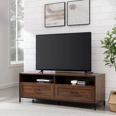 a flat screen tv sitting on top of a wooden entertainment center next to a potted plant