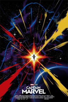 the poster for captain marvel is shown in red, yellow and blue with an exploding star