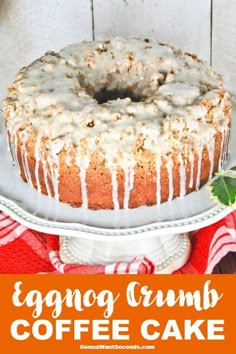 an eggnog crumb coffee cake on a plate with the title above it