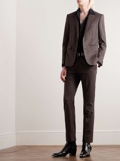 CELINE HOMME Slim-Fit Pinstriped Wool Suit Jacket for Men | MR PORTER Brown Pinstripe Suit, Mixed Boys Haircuts, Double Breasted Suit Men, Suit Jacket For Men, Brown Pinstripe, Suits Men, Hedi Slimane, Brown Suits, Pinstripe Suit