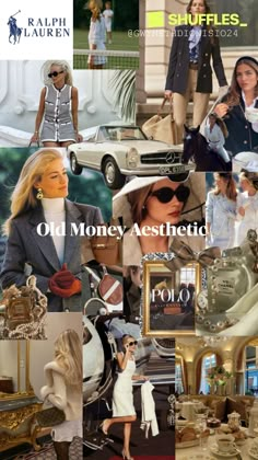 old money aesthetic collage with images of women in hats, dresses and accessories on them