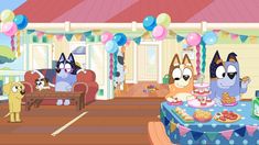 an animated image of two dogs at a birthday party