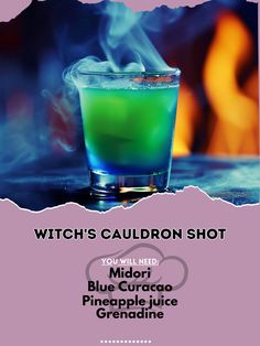 🧙‍♀️ Brew up some fun with Witch's Cauldron Shot! 🧙‍♀️ #WitchsCauldron #MagicalShots Witch's Cauldron Shot Ingredients: Midori (1 oz) Blue Curacao (1/2 oz) Pineapple juice (1/2 oz) Grenadine (splash) Ice (for shaking) Instructions: Shake Midori, Blue Curacao, and pineapple juice with ice. Strain into a shot glass. Add a splash of grenadine for a magical effect. Conjure up the magic! 🧙‍♀️✨ #HalloweenDrinks #RecipeInspire Autumn Beverages, Spooky Drinks, Halloween Themed Drinks, Halloween Recipes Drinks, Halloween Shots, Witch's Cauldron, Halloween Party Dinner