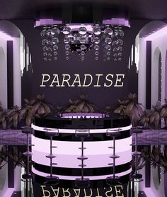 the entrance to paradise nightclub with chandelier and palm trees