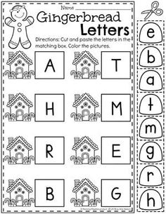 Gingerbread Letter Match Worksheet for Preschool. Gingerbread Letters Free Printable, Prek Gingerbread, Gingerbread Man Games, Cookie Letters, Preschool Gingerbread, Gingerbread Alphabet, Gingerbread Unit, Worksheet For Preschool, Preschool Craft Activities