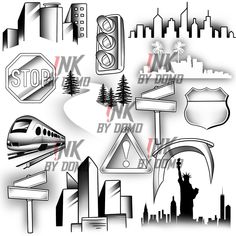 an image of various symbols and signs in the shape of a cityscape with buildings