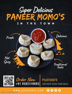 an advertisement for paneer momo's in the town, featuring dumplings and sauce