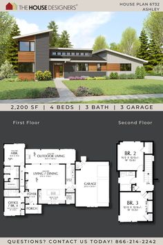 two story house plan with 3 bedroom and 2 bathrooms in the front, second floor