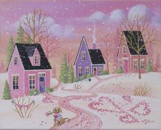 a painting of houses in the snow with a girl walking down the road next to them