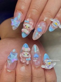 Japanese Kawaii Nail Art, My Melody Nail Art, Japanese Nail Art Kawaii, Cinnamoroll And My Melody, Scene Nails, Nail Art Designs Simple, Sanrio Nails, Gyaru Nails, Paznokcie Hello Kitty