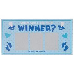 a blue and white ticket with footprints on it that says who will be the winner?