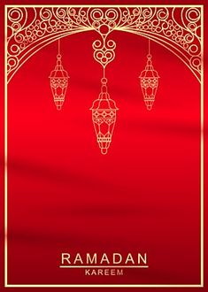 rama kareem greeting card with hanging lanterns and intricate arabic ornames on red background