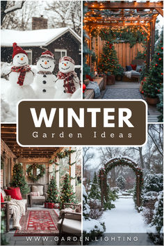 Brighten up cold days with winter garden ideas featuring evergreen plants, warm fire pits, and twinkling lights