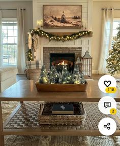 the living room is decorated for christmas with lights and decorations on the fireplace mantel