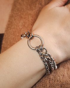 This bracelet combines curb and weave chain patterns to create a dramatic statement. It adds an edge to any look you pair it with, with a large swivel lobster clasp that holds the bracelet strongly in place so you can move throughout your day with confidence. Made from 100% stainless steel, this bracelet is safe to wear in water. Logo-printed tag attached to the closure. All pieces are handcrafted and made to order in Brooklyn. For a coordinated look, pair it with its matching necklace. Availabl Gunmetal Jewelry With Lobster Clasp In Metal, Stainless Steel Cuban Link Bracelet With Chunky Chain, Modern Metal Cuban Link Chain Bracelet, Adjustable Metal Jewelry With Curb Chain, Everyday Cuban Link Bracelets With Lobster Clasp, Adjustable Chain Link Metal Bracelet, Adjustable Metal Chain Link Bracelet, Adjustable Metal Curb Chain Jewelry, Trendy Stainless Steel Chunky Chain Bracelet