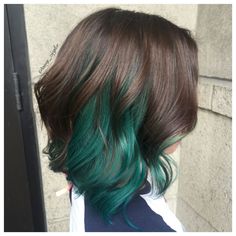 Green Balayage Brunettes, Forest Green Peekaboo Hair, Lob With Peekaboo Color, Green Baylage, Brunette And Green Hair, Emerald Green Peekaboo Hair, Green Bayalage, Peacock Hair Color Short, Green Hair Underneath