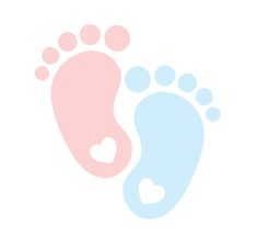 two footprints with hearts on them are shown in pink and light blue, against a white background