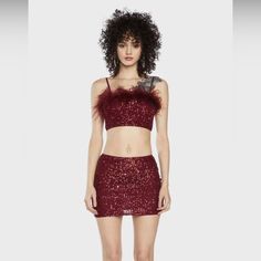 Nwt Forever 21 Sequin Mini Skirt And Matching Bandeau Crop Top 2 Piece Set This Set Is Super Cute And Perfect For The Holidays, Christmas, And New Year's Eve! Brand: Forever 21 Size: The Skirt Is A Size Small; The Top Is A Size Medium Color: Red / Maroon Style: High-Rise Mini Skirt / Bandeau Crop Top Both The Top And Bottom Are Lined Sequin Fringe Material This Set Is New With Tags, Has Never Been Worn, And Is In Perfect Condition ***The Photo Is Not The Exact Set I Am Selling!! I Used It As A S Flirty Mini Skirt For Summer Party, Summer Party Flirty Mini Skirt, Flirty Summer Party Mini Skirt, Red Crop Top With Spaghetti Straps For Party, Forever 21 Mini Skirt For Party, Forever 21 Trendy Party Mini Dress, Forever 21 Mini Length Skirt For Party, Trendy Forever 21 Party Mini Dress, Trendy Forever 21 Mini Dress For Party