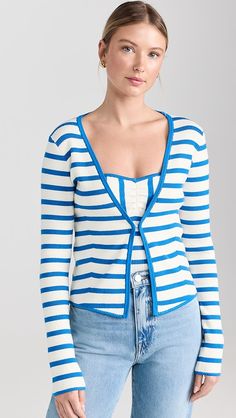 Favorite Daughter Slim Knitted Cardigan | Shopbop Striped Sweater For Spring Layering, Fine Knit Striped Tops For Spring, Fitted Striped V-neck Sweater, Striped V-neck Knit Top For Spring, Striped V-neck Cardigan For Spring, Striped Long-sleeved Cardigan For Spring, Spring Striped Ribbed Knit Top, Striped Knit Top For Spring Layering, Spring Striped Knit Top For Layering