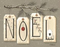 a christmas card with the word noel hanging from a tree branch and two sheeps