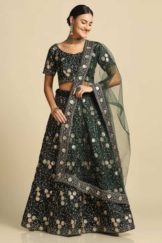 color-green, fabric-satin, work-embroidered, brand-name-krupali-savani,occasion-festivewear, occasion-wedding-guest, womenswear,ideal-for-women, lehengas, Product Features: Color: Green Lehenga Fabric: Taffeta Choli Fabric: Taffeta Inner Fabric: Crepe Work: Embroidered Sleeves: Short Sleeves Neck Type: Round Neck Wash Care: Dry Clean Occasion: Festivewear, Wedding Guest Product Type: Lehenga Choli with Dupatta Disclaimer: There will be slight difference in digital to actual image Dark Green Lehenga, Sequins Lehenga Choli, A Line Lehenga, Satin Lehenga, Green Dupatta, Lehenga Dupatta, Latest Bridal Lehenga, Modest Evening Dress, Green Lehenga