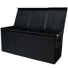 a black storage box with three bins on top