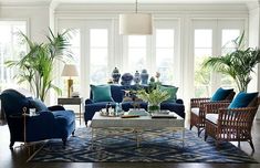 a living room filled with lots of furniture and plants on top of a blue rug