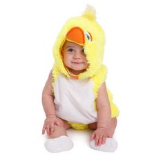 a baby wearing a yellow duck costume