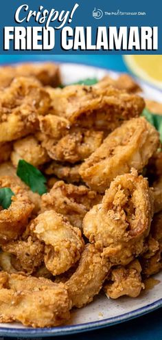 fried calamari on a plate with the title crispy fried calamari