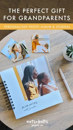 The Personalized Photo Album & Journal from Nuts & Bolts Paper Co on a table with photos Gift For Grandparents