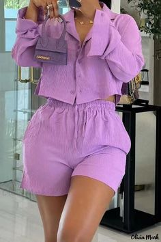 Olivia Mark - Linen Vacation Outfit Casual Two-Piece Set Shirt Set Outfit, Comfortable Travel Outfit, Two Piece Short Set, Shorts Sets, Two Piece Jumpsuit, Suits Clothing, Slim Fit Casual Shirts, Long Sleeve And Shorts, Shirt And Shorts