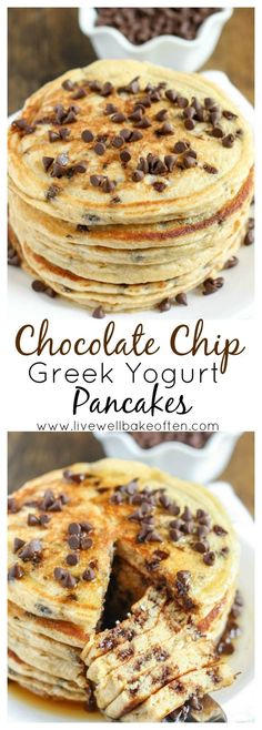 chocolate chip greek yogurt pancakes are stacked on top of each other and have been cut in half