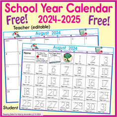 two calendars with the words, school year calendar and free printable for each student