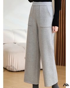 Zlily - Woolen Double-Sided Wide-Legged Trousers - Casual Wool Pants Solid Wide Leg Winter Pants, Solid Color Wide Leg Winter Pants, Winter Full-length Bottoms With Pockets, Full-length Bottoms With Pockets For Winter, Versatile Full-length Bottoms With Welt Pockets, Versatile Full Length Bottoms With Welt Pockets, Full Length Bottoms With Pockets For Winter, Gray Ankle-length Pants For Winter, Winter Full-length Dress Pants With Pockets