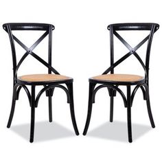 pair of black wood chairs with woven seat pad and backrests, side view