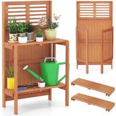 a wooden shelf filled with potted plants next to a green watering can and bench