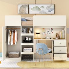 a room with a desk, chair and bookshelf on the wall next to it